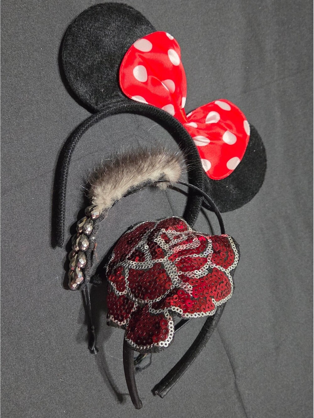 Set of 3 Decorative Headbands with Minnie Mouse Ears, Faux Fur, and Sequin Rose